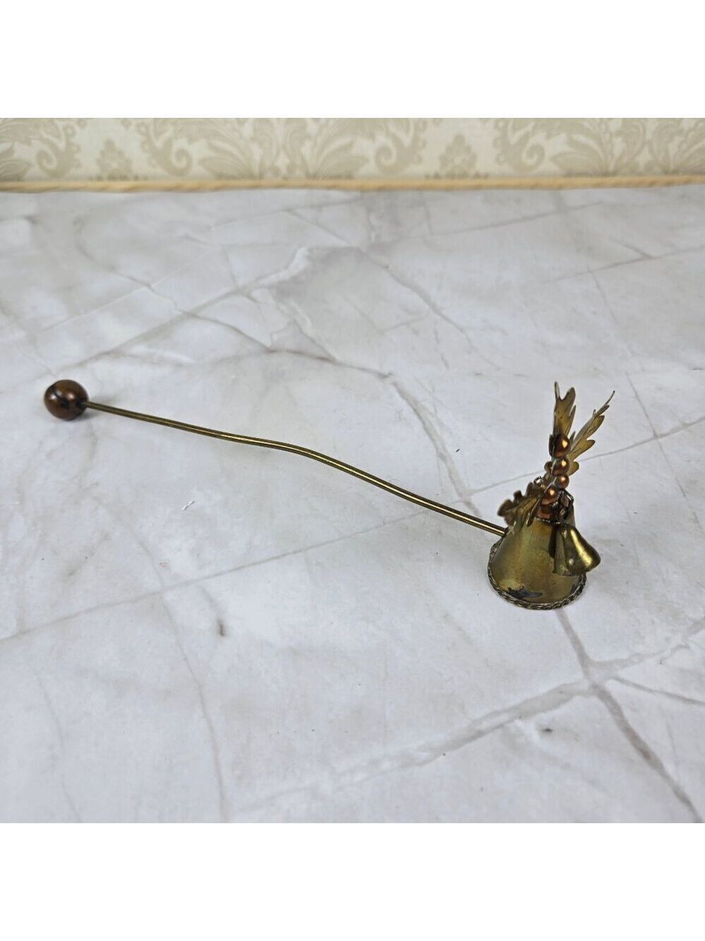 Vintage Brass & Copper Candle Snuffer Holly Leaves & Berries with Bell Christmas